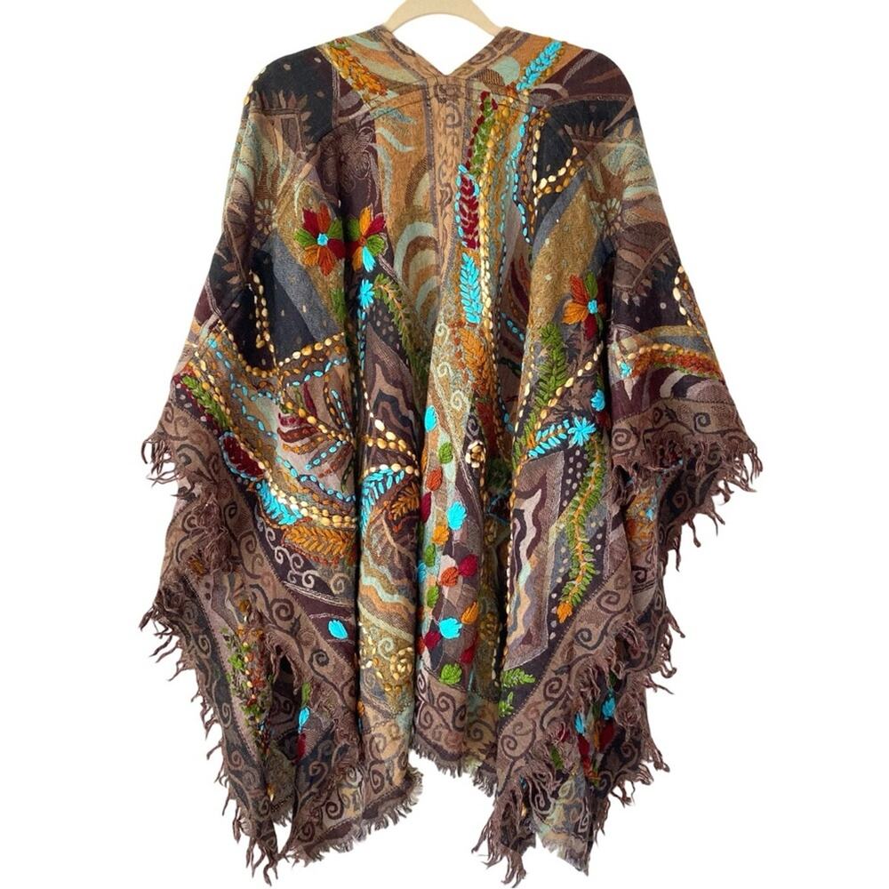 Anu Ariana Wool Brown Embroidered Poncho Cape Shawl One Size - Picture 3 of 9
